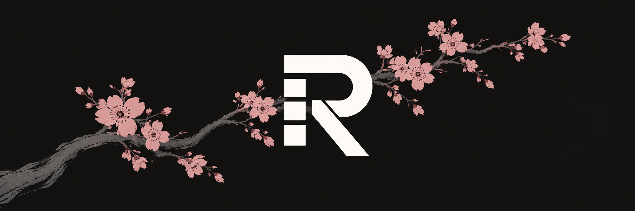 ROPLabs R monogram with a delicate pink sakura branch on black